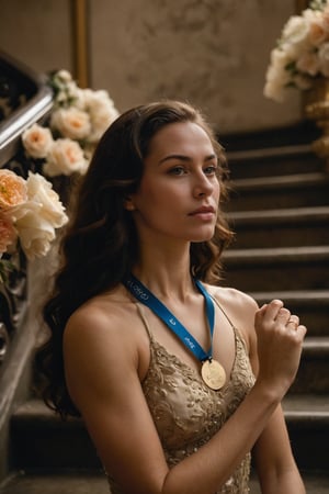 8k uhd, raw photo, sharp, extremely detailed sidelit portrait of an olympic athlete with a gold medal descending an ornate staircase covered with flower petals. The athlete has dark, wavy, luscious and silky hair that contrasts the vibrantly colored petals. Emphasize realism and attention to detail, focus on capturing the subtleties of the subject's expression. Intricate details give the impression of softness and elegance. The overall effect is one of glory, celebration and beauty. bokeh background, chiaroscuro, Kodak Gold 400 film, Low-key lighting Style