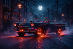 In a whimsical scene a sleek dark 60s convertible glides down a moonlit street, its exterior adorned with vibrant orange and purple accents for Halloween. The car's wheel covers feature glowing jack-o'-lantern faces, their mischievous grins flickering with an eerie light that dances across the pavement. Wisps of fog curl around the tires, illuminated by the soft glow of streetlamps casting a warm, inviting light against the cool night air. The atmosphere is alive with the sounds of laughter and distant music from the party ahead, creating a magical blend of Halloween spirit and fairy tale charm. Midjourney_Whisper