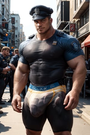 35-year-old muscular, stunningly handsome man in police officer lycra police uniform. large, defined, solid, muscular, bulbous buttocks. (((massive bulge))), (((gigantic bulge))), body standing to the side, hands relaxed. the large bulge in his groin, concealing his huge, thick, erect penis and large testicles. mouth open slightly, a look of strong confidence on his face. professional, glistening in thick oil. outdoor on crowded city street, photography, posing with style, ,bulge,Stylish,huge cock,Man,Portrait,anime,hugest man ever,Police,Movie Still