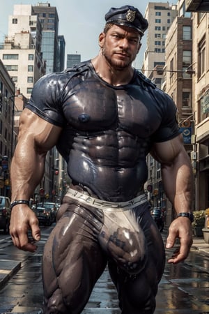 35-year-old muscular, stunningly handsome man in police officer lycra police uniform. large, defined, solid, muscular, bulbous buttocks. (((massive bulge))), (((gigantic bulge))), body standing to the side, hands relaxed. the large bulge in his groin, concealing his huge, thick, erect penis and large testicles. mouth open slightly, a look of strong confidence on his face. professional, glistening in thick oil. outdoor on crowded city street, photography, posing with style, ,bulge,Stylish,huge cock,Man,Portrait,anime,hugest man ever,Police,Movie Still,wetclothes