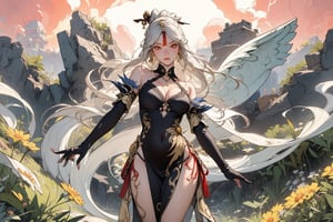 Ningguang, a powerful sorceress, on a lush flower-covered hillside at sunset. She stands in a relaxed yet determined pose, wearing light armor with intricate golden details. Lightning pulses around her as she performs a graceful vortex of debris.

ultra detailed, detailed face, detailed eyes, 
((cleavage)), big breasts, ((ningguang)), 
full body photo, bare shoulders, belly button, curvy hips,