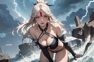 Ningguang, a high-status sorceress, in a desolate battlefield. She raises her electric sword high, clad in a revealing bodysuit that gleams under the stormy sky. Her expression is serious and commanding as lightning bolts strike the ground around her.

ultra detailed, detailed face, detailed eyes, 
((cleavage)), big breasts, ((ningguang)), 
full body photo, bare shoulders, belly button, curvy hips,