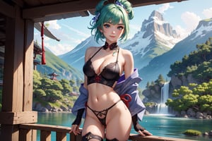 (1 girl), Ultra detailed anime art, (Raiden Shogun from Genshin Impact), beautiful face, detailed face, detailed eyes, little smile, short tied green hair, (hair jewelry), highly detailed eyes, sakimichan, ominous, ((cleavage)), ((ultra small thong)), (((big breasts:1.1))), stockings, hips, belly button, half nude ninja suit, arms up, armpits, posing for camera, busty, front view, (facing viewer), posing as an idol, ((squeezing_breasts)), japanese temple background, natural light, trending on cgsociety, highly detailed,aaeugen, elbow pad,Enhance, fingerless gloves, suspenders, waterfall and mountains background,yaemikodef,raidenshogundef,kukishinobudef
