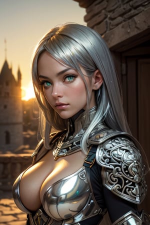 (masterpiece), (extremely intricate:1.3), (realistic), portrait of a girl, the most beautiful in the world, green eyes, very high quality model, perfect lips, perfect nose, perfect eyes, (medieval armor), cleavage, metal reflections, outdoors, intense sunlight, far away castle, sharp focus, dramatic,cinematic lighting, volumetrics dtx, (film grain), blurry background, blurry foreground, bokeh, depth of field, sunset, Perfectchainmail,((confident)), (cinematic, yellow and silver:1.4),mecha musume