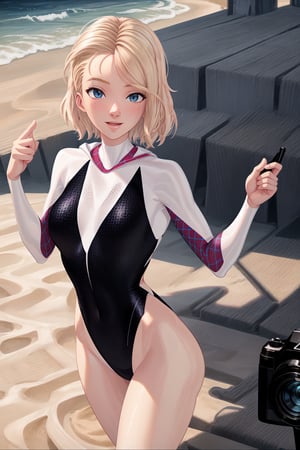 Realistic, Photorealistic Gwen Stacy looks stunning in a swimsuit as she enjoys a day at the beach in this photorealistic image. The sun-kissed beach provides a beautiful backdrop, with the sparkling ocean and soft sand complementing her vibrant personality. The photorealistic image should capture the intricate details of Gwen Stacy's swimsuit, showcasing its design and fabric textures. Her expression should radiate joy and relaxation, creating a sense of carefree enjoyment. The beach scene should be realistically depicted, with gentle waves and subtle reflections on the wet sand. Professional lighting techniques can be used to add a natural and warm glow to the image, enhancing its appeal as a wallpaper. The camera angle is a medium shot, focusing on Gwen's joyful expression and swimsuit as she stands against the picturesque beach.