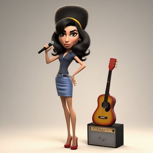 A 3D rendered caricature of Amy Winehouse, featuring her distinctive beehive hairstyle and smoky eyes. The model showcases her bold eyeliner and a knowing smile, set against a textured backdrop of musical notes and a vintage microphone. Amy is posed casually, possibly strumming a guitar, in a realistic yet stylized manner. The lighting is soft, enhancing the depth and detail of her features and the surrounding elements. The overall effect is a vibrant, lifelike representation that captures her iconic style and musical legacy.