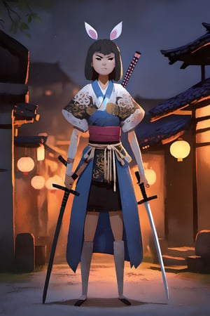 r4y, flatee, character, a samurai woman, brave, ancient feudal japan village, fierce warrior, looking at the camera, armor, at night 