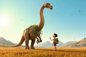 A stopmotion still scene featuring a young boy standing next to a towering dinosaur in a wide, open field. The boy, wearing a simple outfit of shorts and a t-shirt, is looking up at the dinosaur with wide-eyed wonder. He has tousled hair and a small backpack slung over one shoulder. His hand is gently resting on the dinosaur’s massive leg, a gesture of trust and friendship.

The dinosaur is a large, gentle herbivore with long neck and tail, resembling a Brachiosaurus. Its skin is rough, with large scales, and it towers over the boy, but its posture is calm and non-threatening. The dinosaur lowers its long neck to meet the boy, its large, expressive eyes focused on him. Vines and small plants cling to parts of the dinosaur’s body, as if nature has embraced this ancient creature.

In the background, rolling hills stretch into the distance, with a few scattered trees and a clear blue sky overhead. The sun is low, casting a soft, golden light over the scene, highlighting the peaceful connection between the boy and the dinosaur. Birds are flying above, and distant mountains frame the horizon, adding to the sense of scale and adventure. The entire moment feels serene, capturing the unlikely bond between the boy and the prehistoric creature.