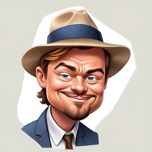 Create a humorous caricature of Leonardo DiCaprio, exaggerating his distinctive features and expressions. The image should capture him in a playful pose, perhaps holding a movie clapboard or wearing a vintage explorer's hat, reminiscent of his roles. Use vibrant, exaggerated colors and dynamic lighting to enhance the comedic effect. The composition should be centered, with a clean, white background to focus attention on the caricature.