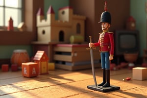 A stopmotion still scene depicting a lead soldier standing at attention on a wooden tabletop. The soldier, crafted in meticulous detail, wears a traditional uniform with a tall shako hat, a stiff red jacket with gold buttons, and blue trousers. His expression is stoic, with his small eyes focused straight ahead. A thin, straight sword rests by his side, held tightly in one hand.

The soldier’s base is flat and square, blending into the wood surface beneath him. The table is part of a child’s room, with scattered toys in the background, including a toy drum, blocks, and a dollhouse. Faint light filters in from a nearby window, casting long shadows and highlighting the metallic sheen of the lead soldier’s body. The surface of the lead is slightly worn, with tiny dents and imperfections adding to its charm.

Behind the soldier, a large toy castle made of wooden blocks stands on the edge of the table. The scene is simple yet detailed, capturing the soldier’s resolute posture in an otherwise playful environment, creating a sense of quiet determination amidst the toys around him.