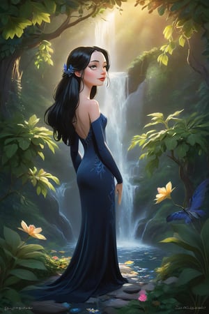 A stunning female figure stands elegantly in a magical garden, surrounded by lush greenery and vibrant flowers. Soft sunlight filters through the trees, casting a warm glow on her porcelain skin as she gazes serenely into the distance. Her raven hair cascades down her back like a waterfall of night, framing her regal features with an air of quiet confidence.