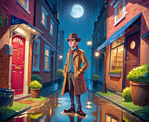 kid sherlock holmes standing in a london alley at night, hat, looking up, heavy rain, puddles, flatee,v3rd