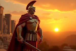 A majestic Roman Praetorian stands tall, set against a warm sunset backdrop of ancient architecture. He dons a gleaming helmet and ornate armor, his powerful build evident beneath the flowing cape. His piercing gaze surveys the landscape, as he holds a sword at the ready, poised to defend the empire's borders.