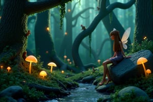 A stopmotion still scene depicting a fairy wood. The forest is filled with ancient, towering trees with twisted roots and sprawling branches. The trees' bark is textured with intricate, natural patterns, and glowing mushrooms dot the forest floor, casting a soft light across the scene. Tiny, delicate fairies with translucent wings flit about, some perched on the leaves, others hovering near glowing flowers.

In the foreground, a fairy with a shimmering dress and long, flowing hair sits on a large, smooth stone, looking out over a small, bubbling stream that winds through the forest. Her wings catch the soft light from the mushrooms, creating a subtle glow around her. Nearby, a cluster of fireflies adds to the magical atmosphere, floating lazily through the air.

In the background, the dense forest canopy lets through only small shafts of moonlight, creating a dim, mystical setting. Gnarled branches hang down like curtains, and vines wrap around the trees, adding to the sense of a hidden, enchanted place. Small animals, like squirrels and birds, can be seen peeking from the foliage, while strange, magical creatures are hinted at in the shadows. The entire scene feels alive with subtle, magical energy.