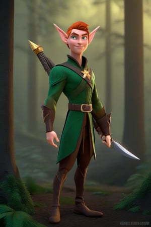 elf ranger, standing in a magical forest, detailed background, skinny, quick, fantasy, rude, fearless, sharp focus, micro, macro, sub surface scattering, glow, dust_particles