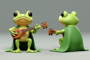 Stylized 3D rendering of a whimsical scene: A charming frog bard sits atop a gray background, its bright green and yellow scales glistening in the soft light. In front view, the frog's adorable face and guitar are prominently displayed, with intricate details on its feathers and instrument strings. The back view showcases the frog's slender legs and tiny feet peeking out from behind its majestic green cloak. The side view reveals the frog's curved posture, as if it's about to launch into a melodious tune. Simple volumes and clean lines create a visually appealing composition.