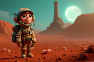 A young adventurer stands at the edge of an extraterrestrial landscape, their backpack adorned with various gadgets and tools. The rusty red soil stretches out before them, dotted with peculiar rock formations and strange, glowing plants. A battered spacesuit hangs open, revealing a curious grin and bright, inquisitive eyes. In the distance, a towering structure rises, its metallic surface reflecting the faint, turquoise light of the dual suns. The kid explorer's pose conveys excitement and wonder as they peer out at the alien world, ready to uncover its secrets.