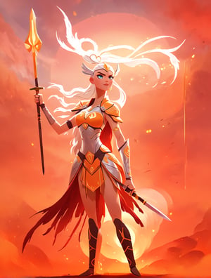 A majestic Valkyrie stands proudly amidst a backdrop of fiery orange and crimson hues, illuminated by the golden light of dawn. Her armor glows with an ethereal aura, as she holds aloft a gleaming silver sword, its blade etched with intricate runes that seem to pulse with ancient power.