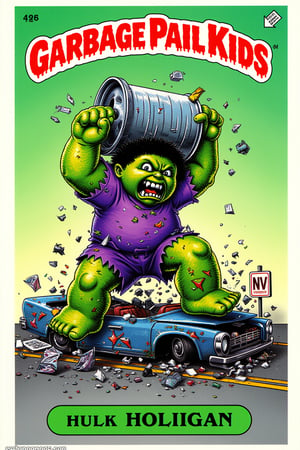 A cartoon picture of Garbage Pail Kids named "HULK HOOLIGAN." The character is a green-skinned, oversized kid wearing a torn-up purple shirt and shorts, with bulging muscles. He’s mid-rampage, smashing a trash can over his head while stomping on a crushed car. His face is twisted in rage, with wild eyes and gritted teeth. Bits of debris and trash fly around him as he wreaks havoc. The background is a gradient from light green to dark green. The words "GARBAGE PAIL KIDS" are written in bold, red at the top. The words "HULK HOOLIGAN" are written in bold, green at the bottom.