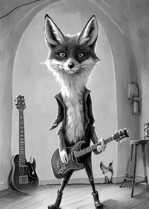 a fox playing guitar, standing in a room
