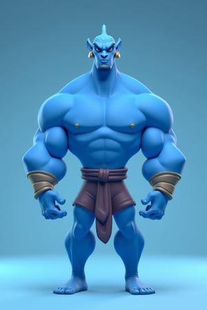 stylized 3d genie with blue skin and muscular build on a soft blue background