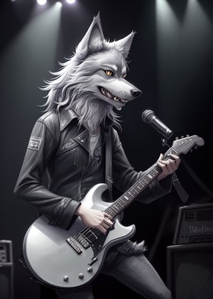 a wolf playing guitar, concert, club