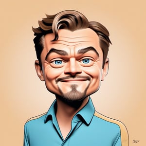 A humorous caricature of Leonardo DiCaprio, exaggerated features capturing his recognizable face with a playful twist. The drawing showcases his prominent eyes and distinctive smile, set against a simple, colorful background. DiCaprio is depicted in a casual pose, perhaps holding a movie clapboard or a small globe, symbolizing his acting career and environmental activism. The style is cartoonish, with bold lines and exaggerated expressions, aiming for a light-hearted, approachable look.