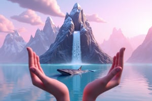 A stopmotion still scene depicting a surreal image where two large, delicate hands gently cradle a massive mountain. The mountain is intricately detailed, with jagged, rocky peaks at the top, snow-capped and shimmering. In the center of the mountain, a powerful waterfall cascades down its steep cliffs, the water sparkling as it falls into a calm, crystal-clear lake at the base.

The lake at the bottom is serene, with its glassy surface reflecting the towering mountain and the waterfall above. In the center of the lake is a majestic whale, its enormous body breaking the surface of the water, sending small ripples across the otherwise still lake. The whale appears peaceful, as if floating effortlessly in the surreal environment.

The hands holding the mountain are smooth and soft, their fingers delicately wrapping around the base of the mountain, creating an ethereal and dreamlike sense of balance. Above, the sky is a soft gradient of pinks and purples, giving the scene a magical, otherworldly glow. Clouds drift lazily around the mountain, adding to the feeling of serene isolation in this surreal landscape. The scene blends the natural with the impossible, creating a mesmerizing and fantastical vision.