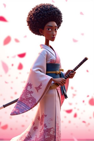 A stopmotion still scene featuring a Black female samurai standing confidently in a traditional kimono, set against a clean, white background. Her kimono is elegantly adorned with intricate patterns of cherry blossoms and waves in soft shades of pink and blue, beautifully contrasting with the deep, rich tones of her skin. The wide sleeves of the kimono flow gracefully, emphasizing her poised stance.

Her hair is styled in a full, natural afro, adding a striking element to her appearance, with curls cascading around her face and framing her strong features. Her expression is focused and serene, with determined eyes that convey both strength and wisdom.

In her right hand, she holds a katana, the blade shining brightly as it rests beside her. The sword's handle is wrapped in dark leather, ensuring a firm grip, while her left hand hangs loosely at her side, relaxed yet ready for action.

Behind her, a whirlwind of cherry blossom petals swirls in the air, creating a vibrant backdrop that contrasts beautifully with the clean background. The petals, in shades of soft pink, dance around her, adding a sense of movement and life to the scene. The combination of the serene warrior and the fluttering petals highlights both the elegance of her figure and the beauty of nature, celebrating the harmony between strength and femininity.