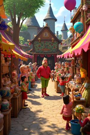 A stopmotion still scene depicting a lively fantasy village fair. The fair is bustling with activity, featuring colorful stalls decorated with vibrant banners and lanterns. Each stall showcases an array of goods, from handcrafted trinkets and potions to baked goods and colorful fabrics, attracting villagers and visitors alike.

In the foreground, a jolly vendor with a bushy beard stands behind his stall, cheerfully displaying jars filled with shimmering ingredients, while a young girl with a flower crown excitedly points to a brightly colored potion. Nearby, a group of children are playing games, trying their luck at tossing rings over bottles and participating in a balloon-popping contest.

At the center of the scene, a wooden stage hosts a performance, where a bard in a flamboyant outfit strums a lute, entertaining an audience that includes various fantasy archetypes such as elves, dwarves, and magical creatures, all captivated by the music.

Decorative elements like garlands of flowers and twinkling lights hang from trees surrounding the fair, creating a festive atmosphere. The background is filled with whimsical architecture, including thatched-roof cottages and winding paths, enhancing the enchanting feel of the village.

The overall scene captures the joy and merriment of the fair, showcasing the community spirit and the unique charm of a fantasy village celebration.