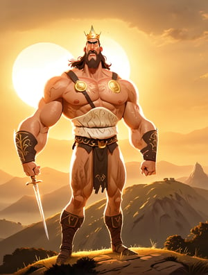 A majestic warrior king stands victorious on a sun-kissed hillside, his rugged features illuminated by the warm golden light of late afternoon. His piercing gaze and determined expression command attention as he holds aloft a gleaming sword, its blade etched with ancient battle scars. The surrounding landscape is bathed in a soft, serene glow, highlighting the king's mighty stature against the gentle rolling hills and towering trees.