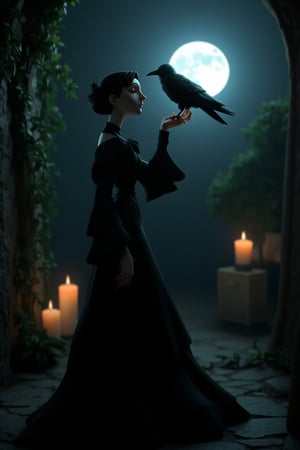 A mysterious 3D-stylized Victorian-era girl, shrouded in darkness, stands amidst a eerie atmosphere. Her porcelain doll-like features are illuminated only by the faint glow of candles and the somber light of a full moon hanging low in the sky. A majestic crow perches upon her outstretched hand, its black feathers glistening with an otherworldly sheen as it gazes into her eyes. The scene is set against a backdrop of crumbling stone walls and overgrown vines, exuding a sense of foreboding and mystique.