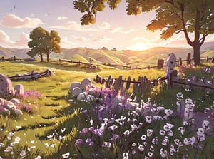 A serene bucolic landscape: A warm sunlight casts a gentle glow on a lush meadow, where wildflowers sway softly in the breeze. Rolling hills stretch out to the horizon, their gentle curves punctuated by ancient trees and winding stone fences. The air is filled with the sweet scent of blooming lavender.