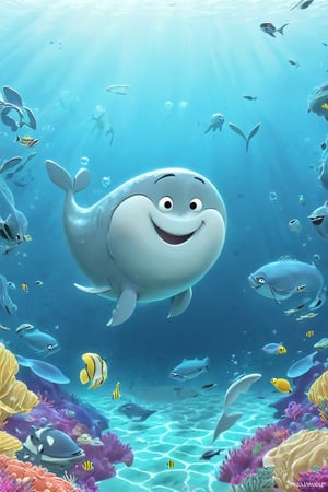 A whimsical underwater scene: A Pixar-style 3D animation of a smiling whale, 'Wally', with a rounded head, big shiny eyes, and a tiny fin on his forehead. Wally swims playfully amidst a school of sparkly fish, surrounded by coral reefs and oceanic plants. Soft blue-green lighting highlights the texture of Wally's translucent skin, while golden sunlight filters down from above, casting a warm glow on the underwater landscape.