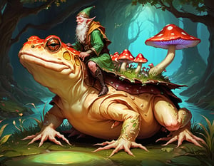 a small old elf (merchant:1.3) wearing robes, riding a giant toad in a magical land full of luminescent mushrooms, fantasy, side view 