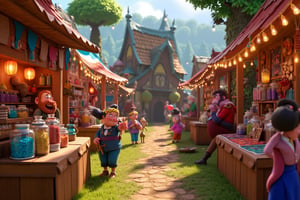 A stopmotion still scene depicting a lively fantasy village fair. The fair is bustling with activity, featuring colorful stalls decorated with vibrant banners and lanterns. Each stall showcases an array of goods, from handcrafted trinkets and potions to baked goods and colorful fabrics, attracting villagers and visitors alike.

In the foreground, a jolly vendor with a bushy beard stands behind his stall, cheerfully displaying jars filled with shimmering ingredients, while a young girl with a flower crown excitedly points to a brightly colored potion. Nearby, a group of children are playing games, trying their luck at tossing rings over bottles and participating in a balloon-popping contest.

At the center of the scene, a wooden stage hosts a performance, where a bard in a flamboyant outfit strums a lute, entertaining an audience that includes various fantasy archetypes such as elves, dwarves, and magical creatures, all captivated by the music.

Decorative elements like garlands of flowers and twinkling lights hang from trees surrounding the fair, creating a festive atmosphere. The background is filled with whimsical architecture, including thatched-roof cottages and winding paths, enhancing the enchanting feel of the village.

The overall scene captures the joy and merriment of the fair, showcasing the community spirit and the unique charm of a fantasy village celebration.