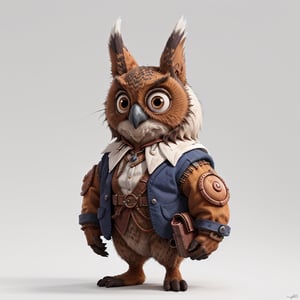 animal, cute professor owl, 3d, realistic, vray, xgen, closeup, centered, full body, digital art,  steampunk, copper and sapphire, retrofuturistic, tungsten, (white background:1.2)