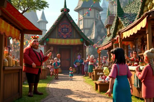 A stopmotion still scene depicting a lively fantasy village fair. The fair is bustling with activity, featuring colorful stalls decorated with vibrant banners and lanterns. Each stall showcases an array of goods, from handcrafted trinkets and potions to baked goods and colorful fabrics, attracting villagers and visitors alike.

In the foreground, a jolly vendor with a bushy beard stands behind his stall, cheerfully displaying jars filled with shimmering ingredients, while a young girl with a flower crown excitedly points to a brightly colored potion. Nearby, a group of children are playing games, trying their luck at tossing rings over bottles and participating in a balloon-popping contest.

At the center of the scene, a wooden stage hosts a performance, where a bard in a flamboyant outfit strums a lute, entertaining an audience that includes various fantasy archetypes such as elves, dwarves, and magical creatures, all captivated by the music.

Decorative elements like garlands of flowers and twinkling lights hang from trees surrounding the fair, creating a festive atmosphere. The background is filled with whimsical architecture, including thatched-roof cottages and winding paths, enhancing the enchanting feel of the village.

The overall scene captures the joy and merriment of the fair, showcasing the community spirit and the unique charm of a fantasy village celebration.