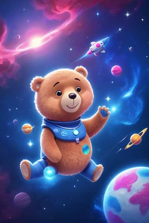 A whimsical space scene where a small, cuddly teddy bear floats among stars and planets, its bright pink nose glowing with excitement. The bear's soft fur ripples in the gentle solar wind, as it gazes up at a majestic blue nebula filling the background. A tiny spaceship with a wonky fin drifts nearby, leaving a trail of glittering stardust.