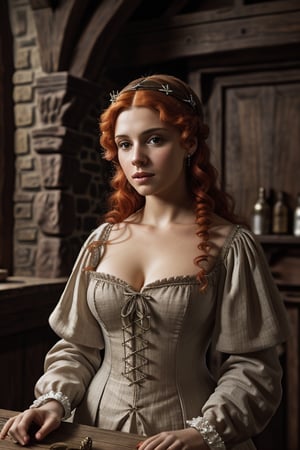 medieval prostitute in a tavern european girl of the middle ages medieval antiquity time of kings tavern dressed in medium linen (((bust exposed))) red hair