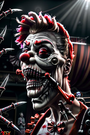 realistic natural light, hyper realistic, cinematic, cinematic light, best quality, high resolution, award winning photo 8k, 3d scary clowns with mechanical prosthetics in a freaky world circus of freaky monsters bloody knife