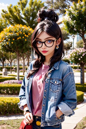 una chica vestida con ropa punk usa gafas odia a la sociedad y a sus padres. en un parque rodeado de flores u un colibri