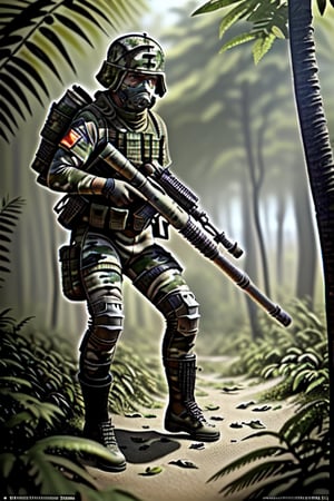Perfect photo in daylight, ultra 8k quality, realistic colors, a camouflaged soldier in the jungle ready to shoot with a camouflage painted helmet bazooka with leaves, bazooka hidden among the leaves aiming at the target (((body on the ground)))