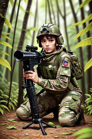 Perfect photo in daylight, ultra 8k quality, realistic colors, a camouflaged soldier in the jungle ready to shoot with a camouflage painted helmet bazooka with leaves, bazooka hidden among the leaves aiming at the target (((body on the ground)))
