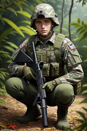 Perfect photo in daylight, ultra 8k quality, realistic colors, a camouflaged soldier in the jungle ready to shoot with a rifle, camouflage painted helmet with leaves, machine gun hidden among the leaves crouching