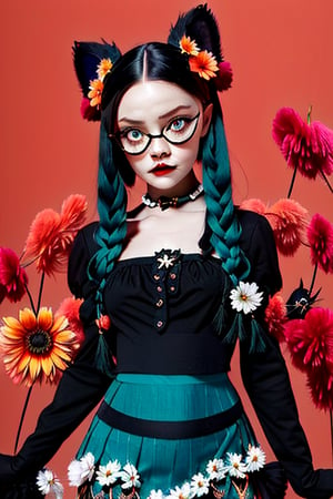 woman, flower dress, colorful, darl background, flower armor, green theme, exposure mix, medium shot, bokeh (hdr: 1.4), high contrast (cinematic, teal and orange: 0.85), ( muted colors, subdued colors, calming tones: 1.3), low saturation, white glasses holding a black cat