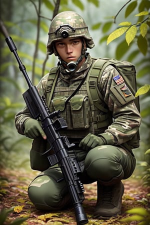 Perfect photo in daylight, ultra 8k quality, realistic colors, a camouflaged soldier in the jungle ready to shoot with a rifle, camouflage painted helmet with leaves, bazooka hidden among the leaves crouching