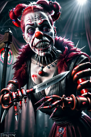 realistic natural light, hyper realistic, cinematic, cinematic light, best quality, high resolution, award winning photo 8k, 3d. 2 scary clowns with mechanical prosthetics in a freaky world circus of freaky monsters bloody knife,Game of Thrones