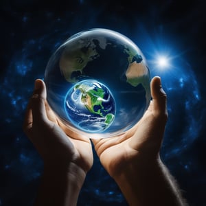 Planet Earth inside a crystal ball held by two large hands. the hand of God