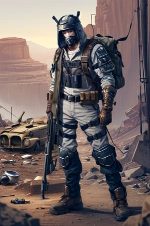 warrior man in post apocalyptic diesel punk world with ak 47 machine gun and bowie knife infantry helmet bullets around body canteen backpack and hand grenades in junkyard full of rats cockroaches and scattered human and animal bones in a desert outdoor